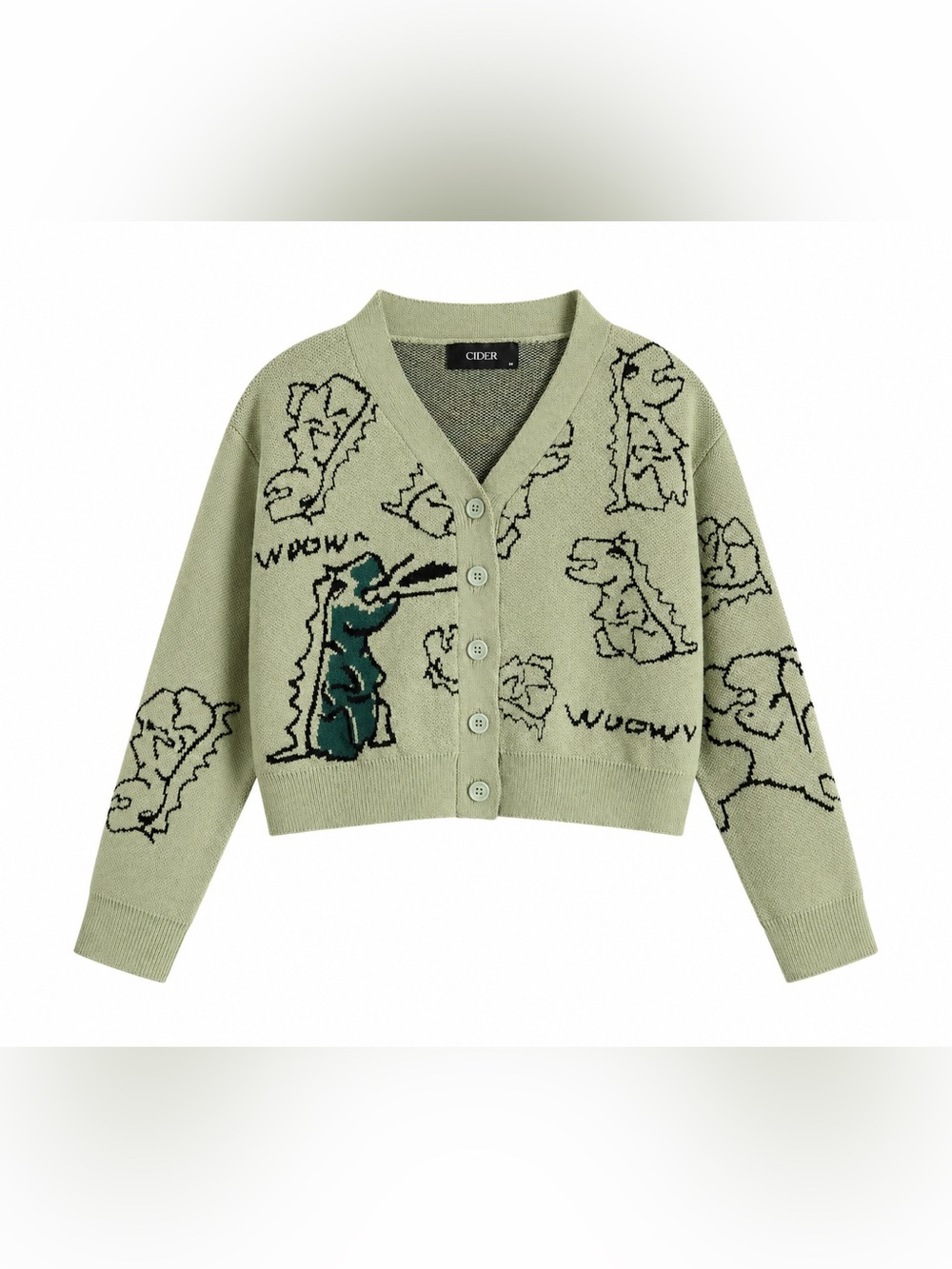 🦖 Cider Cropped Dinosaur Cardigan | Size Medium | Sage Green | Y2K Graphic Knit